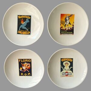 Pottery Barn Vintage Poster Plates Set of 4 8” Dessert Luncheon Cocktail Barware